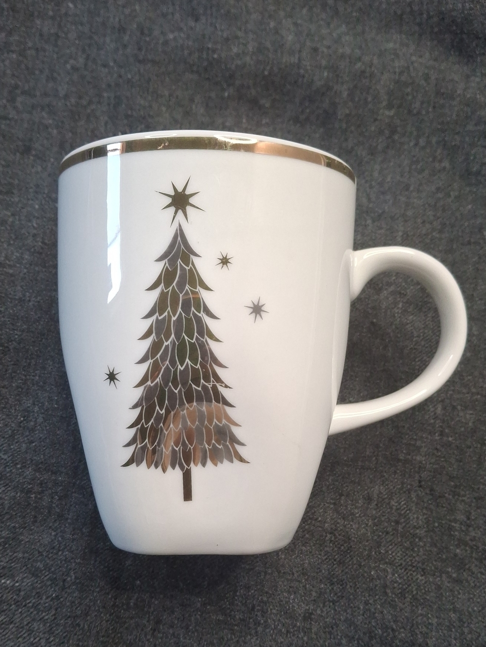 Gold Trim White Ceramic Mug with Festive Tree